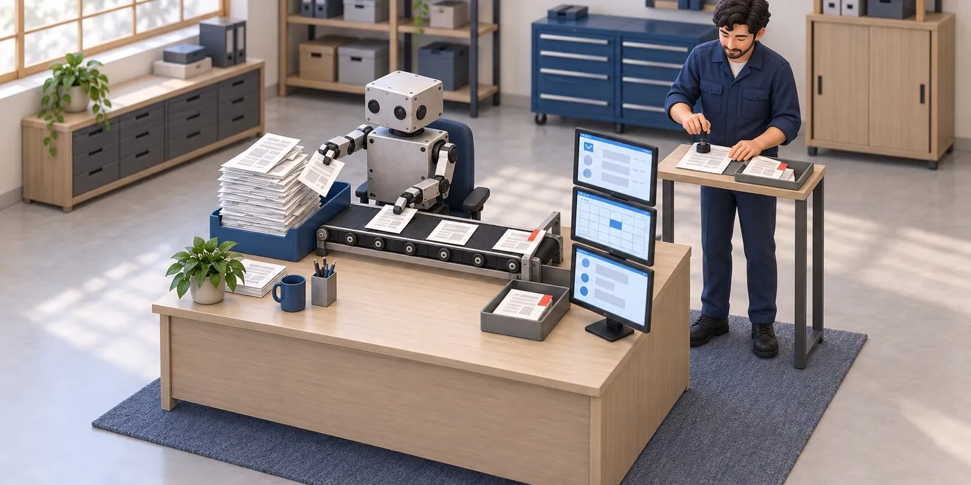 Illustration: a boxy metal robot at an office desk feeds receipts from an in-tray onto a short conveyor towards three stacked screens — an inbox, a spreadsheet and a chat app — while at a side table a person in work clothes stamps a red-tagged document; another red-tagged one waits in a tray by the conveyor.