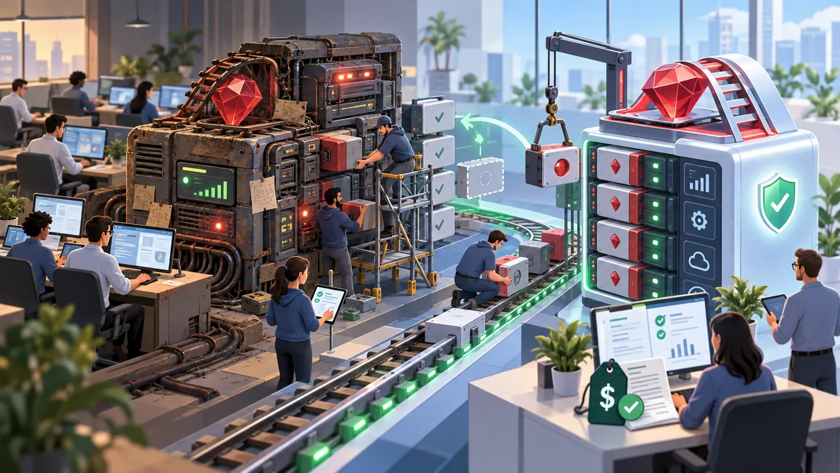 Illustration: engineers move the parts of a rusty, patched-together Rails machine along a track into a clean, modern one marked with a shield and a check mark.